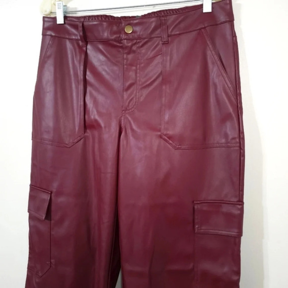 WILD FABLE Faux Leather Burgundy Wine Wide Leg Cargo Pants, Elastic Back Waist - Picture 5 of 16